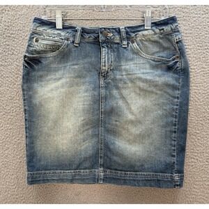 J Jill Skirt Womens 8 Blue Denim Pencil Knee Length Stretch Distressed Preppy